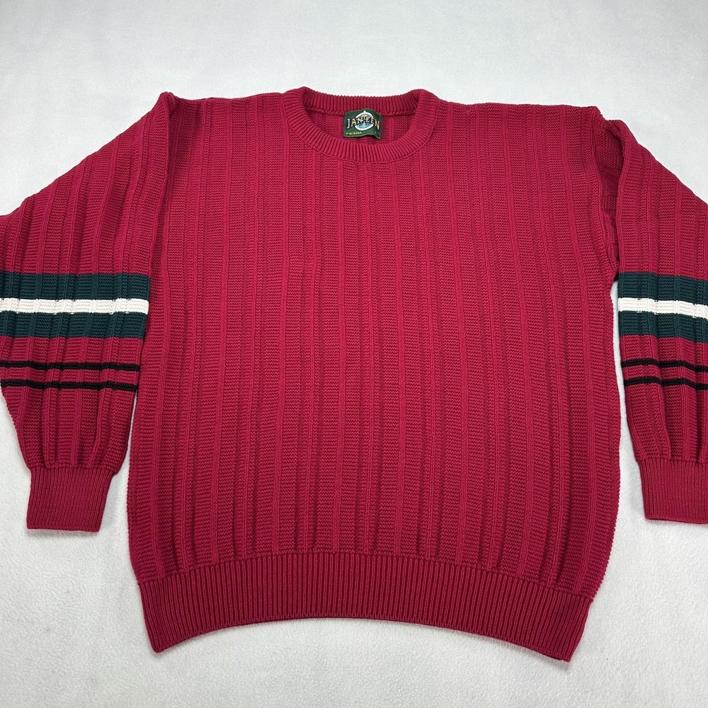 Vintage Jantzen Sweater Mens Large Red Stripe Sleeve Knit Crewneck USA 90s Gramp